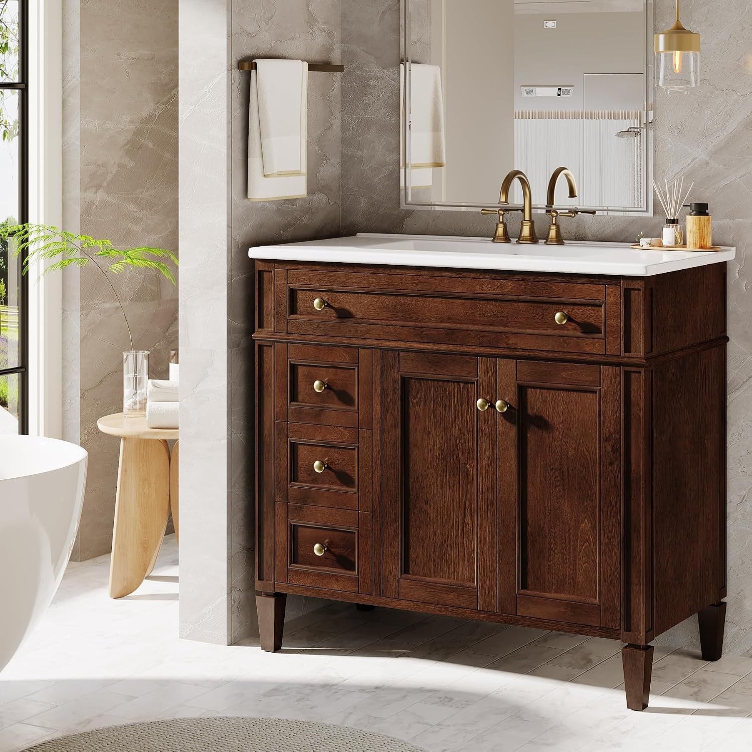 36″ Bathroom Vanity with Sink Wood Vanity Cabinet with Flip-Out Drawer 3 Drawers