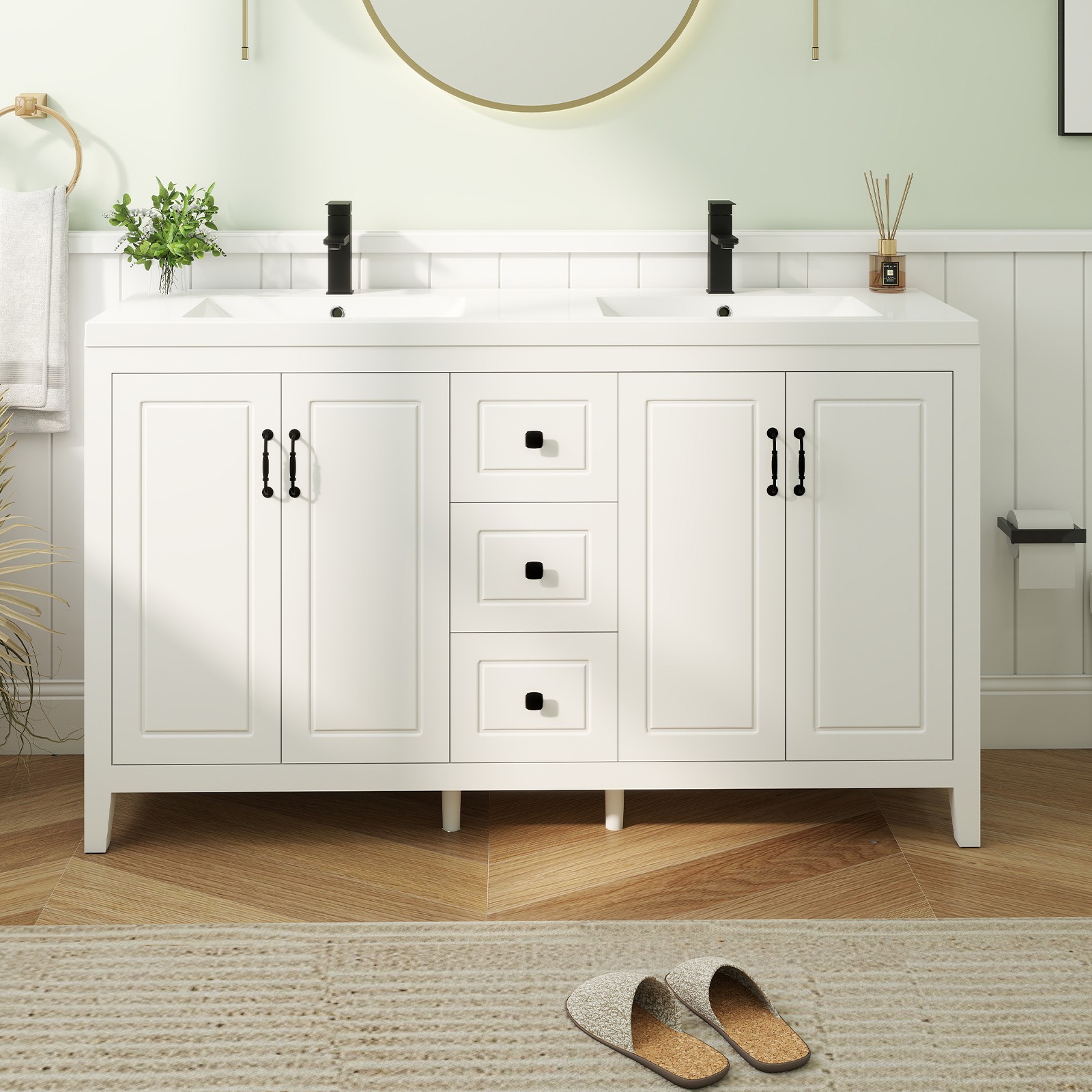 60″ Bathroom Vanity Freestanding with Sink Soft Close 4 Doors 3 Drawers Faucet