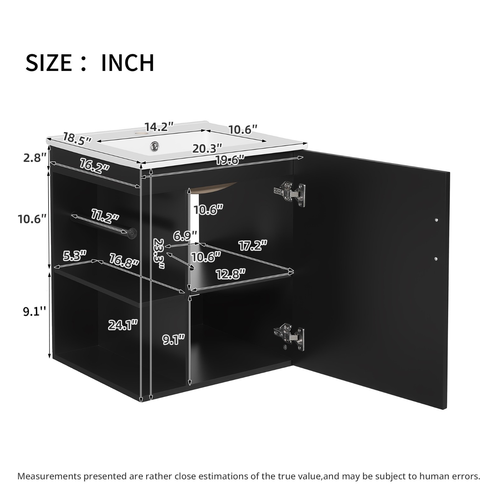 20″ Wall Mounted Bathroom Vanity Storage Cabinet With Sink Door Open Shelves