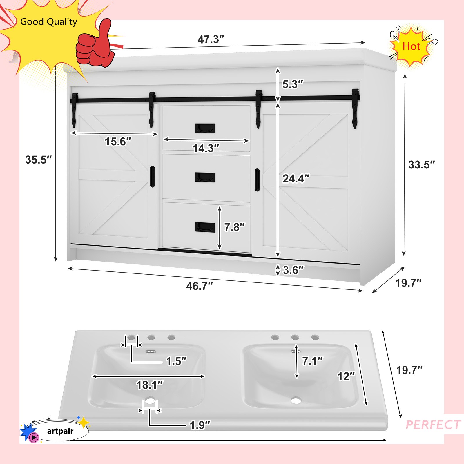 Large Vanity Cabinet Double Bathroom Top Ceramic Sink Countertop without Faucet