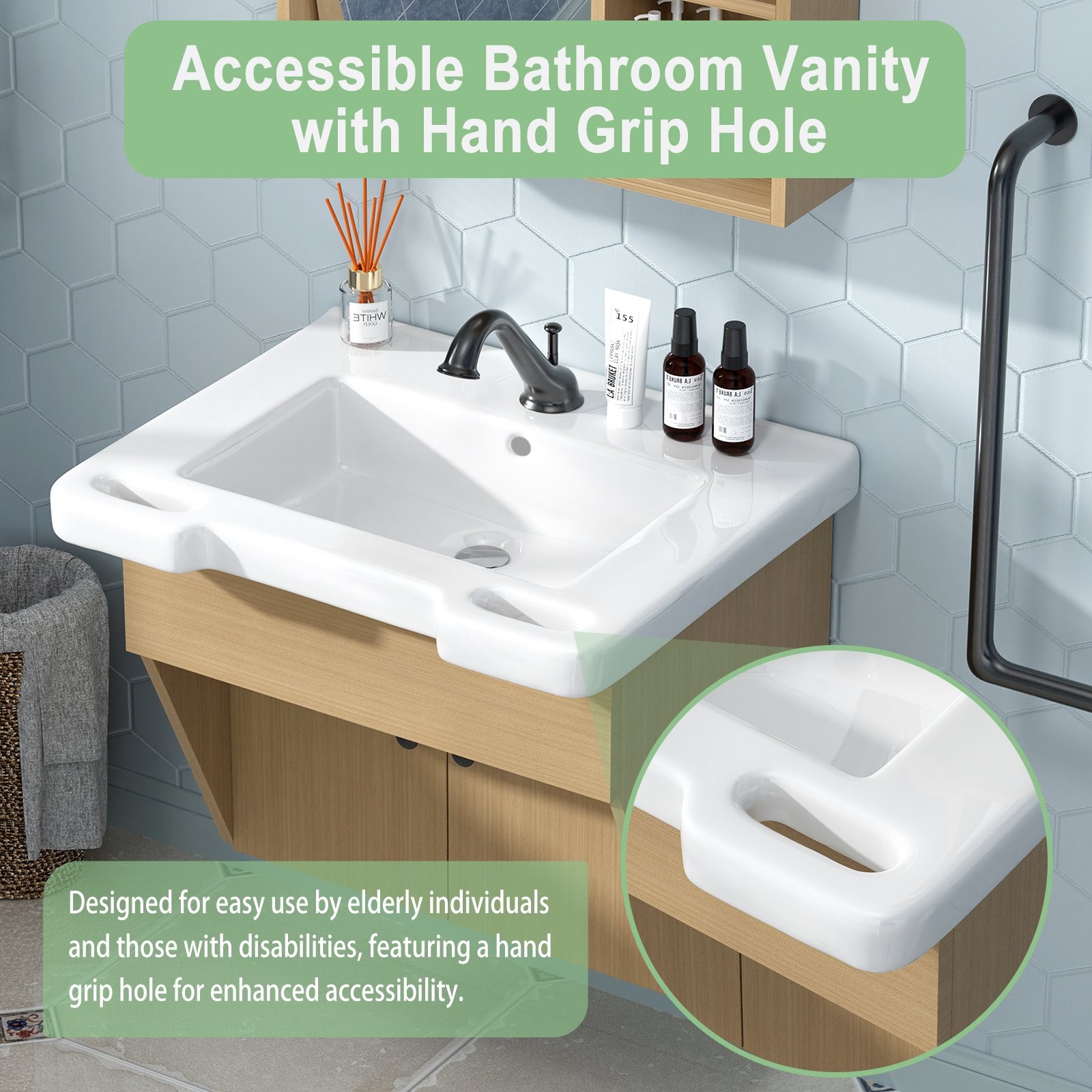 24″ Wall-Mount Small Bathroom Vanity w/ Sink Mirror Cabinet Combo for Elderly