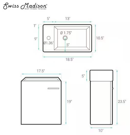 Swiss Madison Colmer 18″ Wall‑Mounted Vanity Base Only – Brushed Gray SM-BV613C