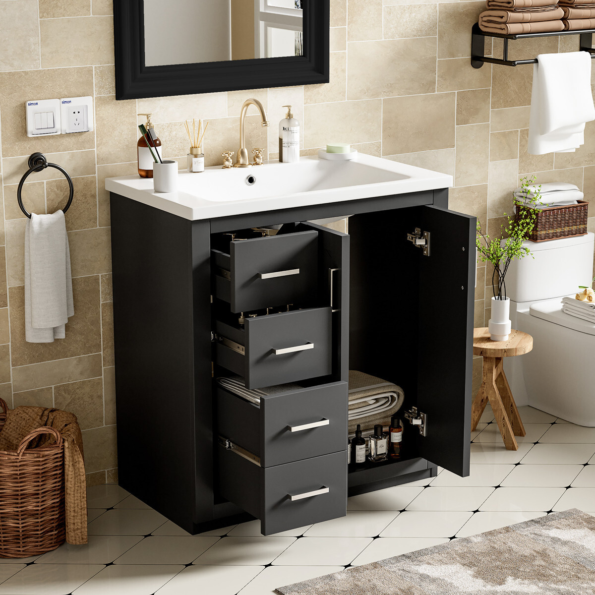 30″ Bathroom Vanity with Sink, Freestanding Vanity Cabinet, 2 Doors 3 Drawers