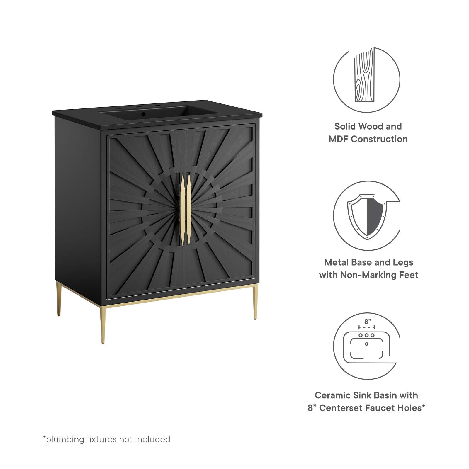Modway Awaken 30″ Bathroom Vanity Cabinet in Black Black With Ceramic Sink Basin