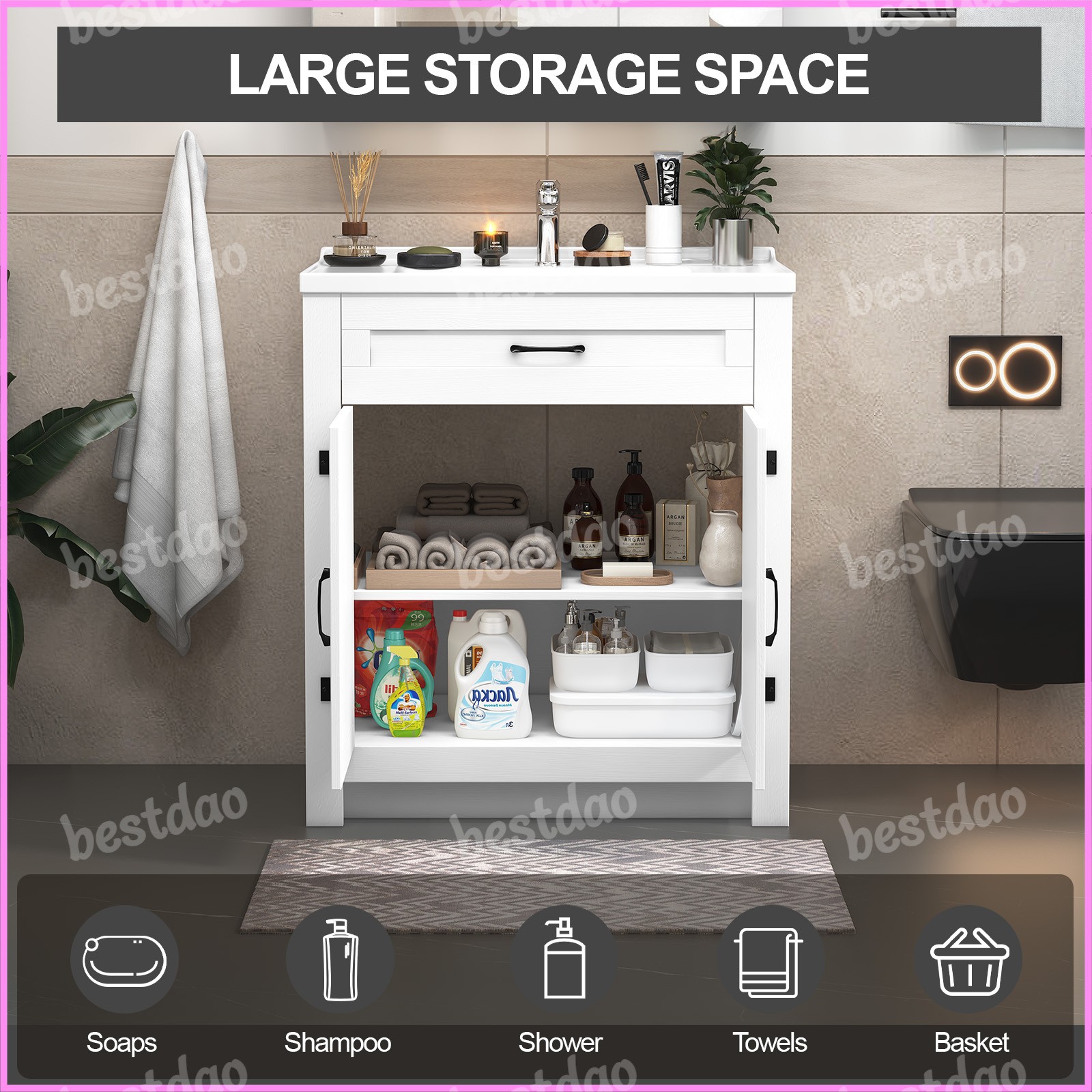 31 Inch Bathroom Vanity Cabinet Ceramic Sink Double Doors Storage Cabinet