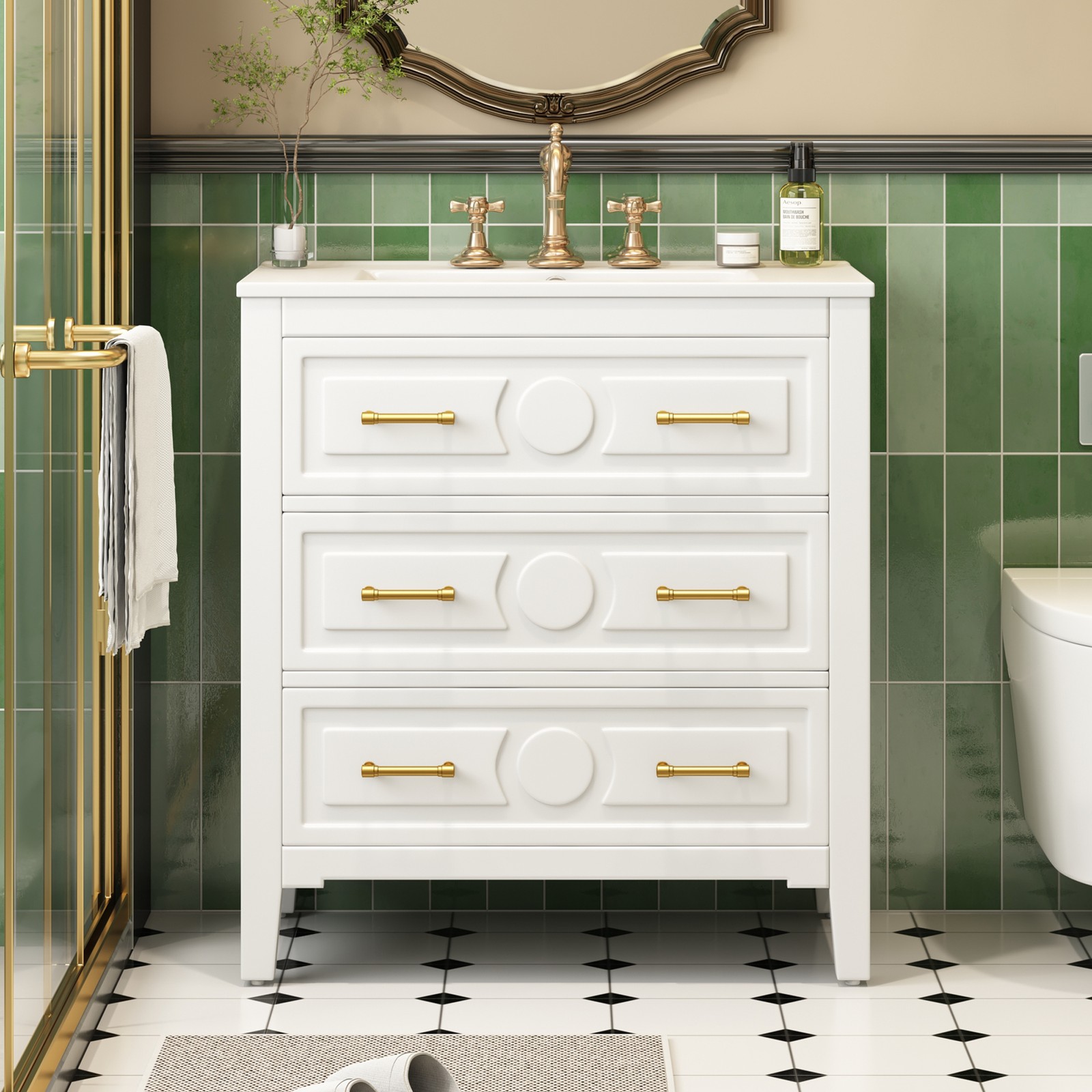 30″ Bathroom Vanity with Ceramic Sink Combo, White, 3 Drawers