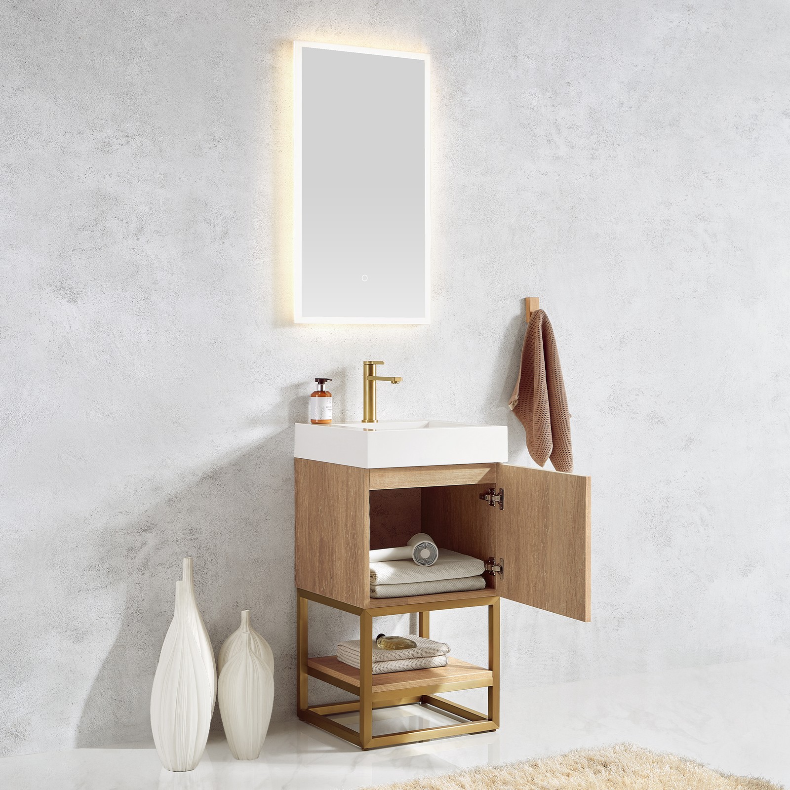 Vinnova Alistair 18″ White Stone Top Single Vanity in Oak without Mirror