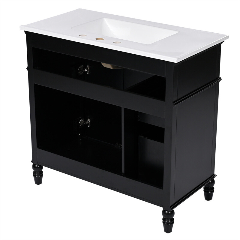 36″ Bathroom Vanity Set with Sink, Black Bathroom Cabinet w/3 Drawers & 2 Doors