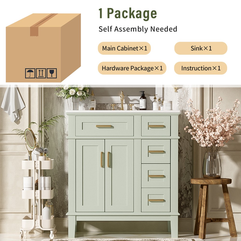 30″Bathroom Vanity with Ceramic Sink Modern Storage CabinetwithSoft-Close Doors