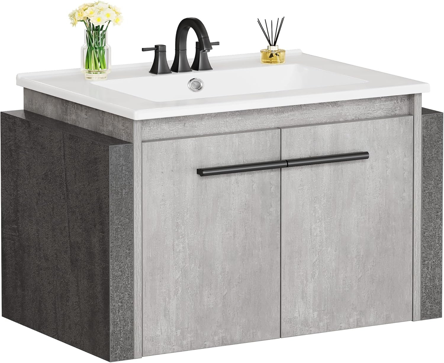 24″ Grey Wall-Mounted Bathroom Vanity with Sink & Soft-Close Double Doors