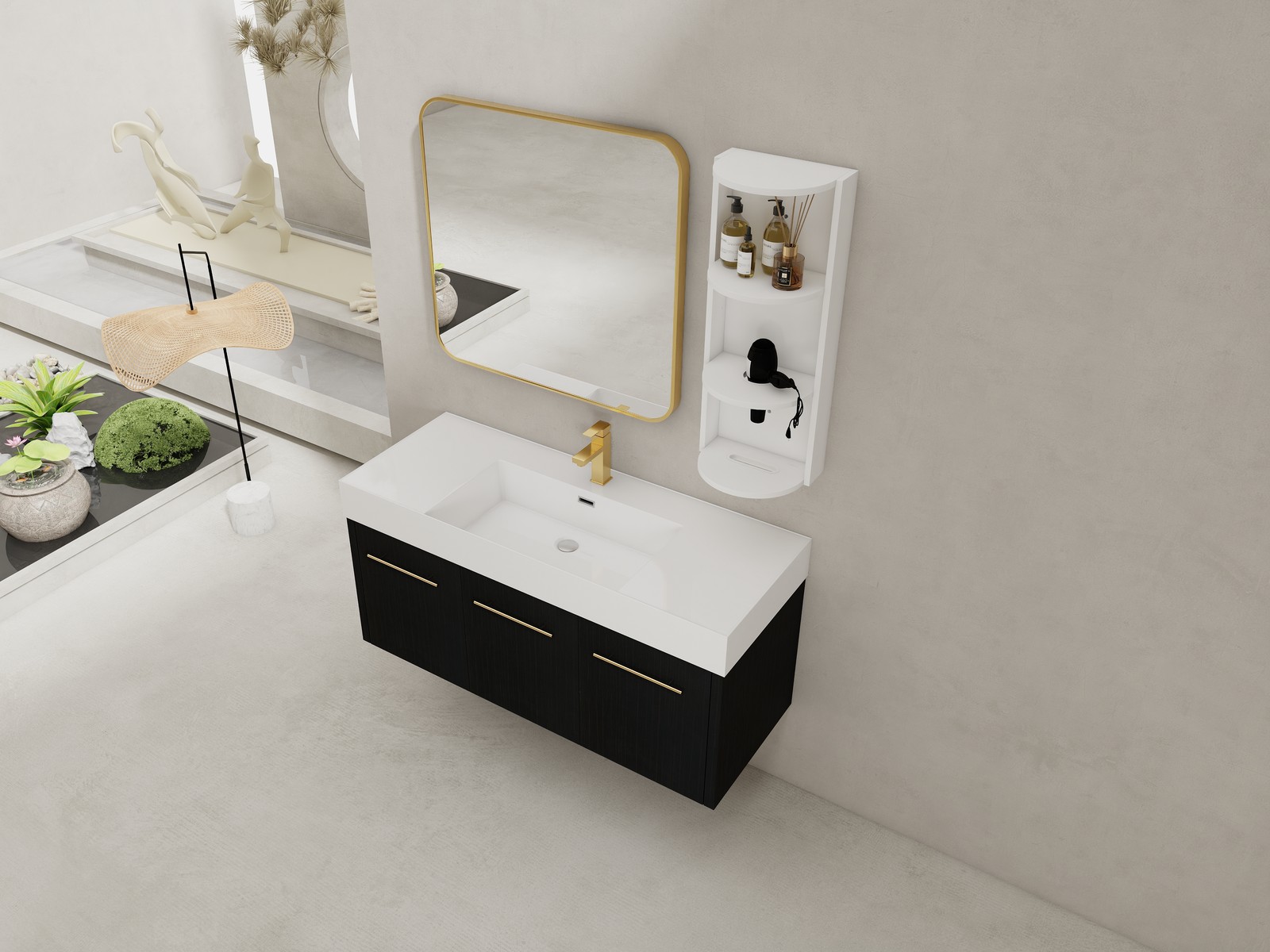 48 Inch Plywood Wall-Mounted Bathroom Vanity with Resin Sink + Side Storage Rack