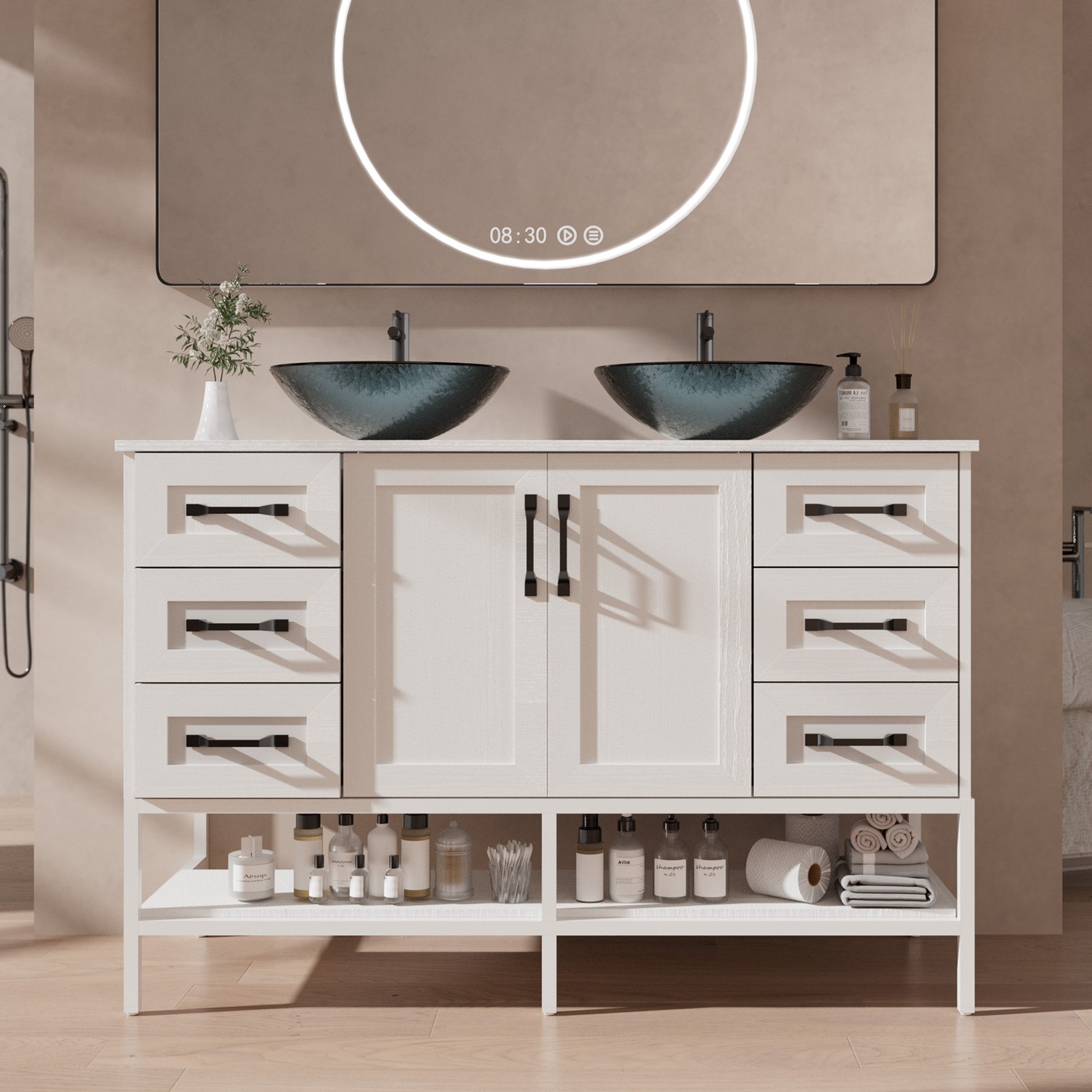 48″ Bathroom Vanity with Tempered Glass Countertop Sink Iron Wood Cabinet White