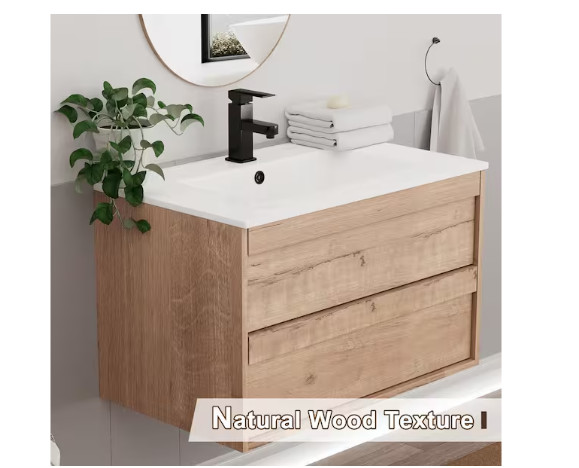 eclife 30″ Floating Oak Single Sink Bath Vanity White Resin Top Faucet Set