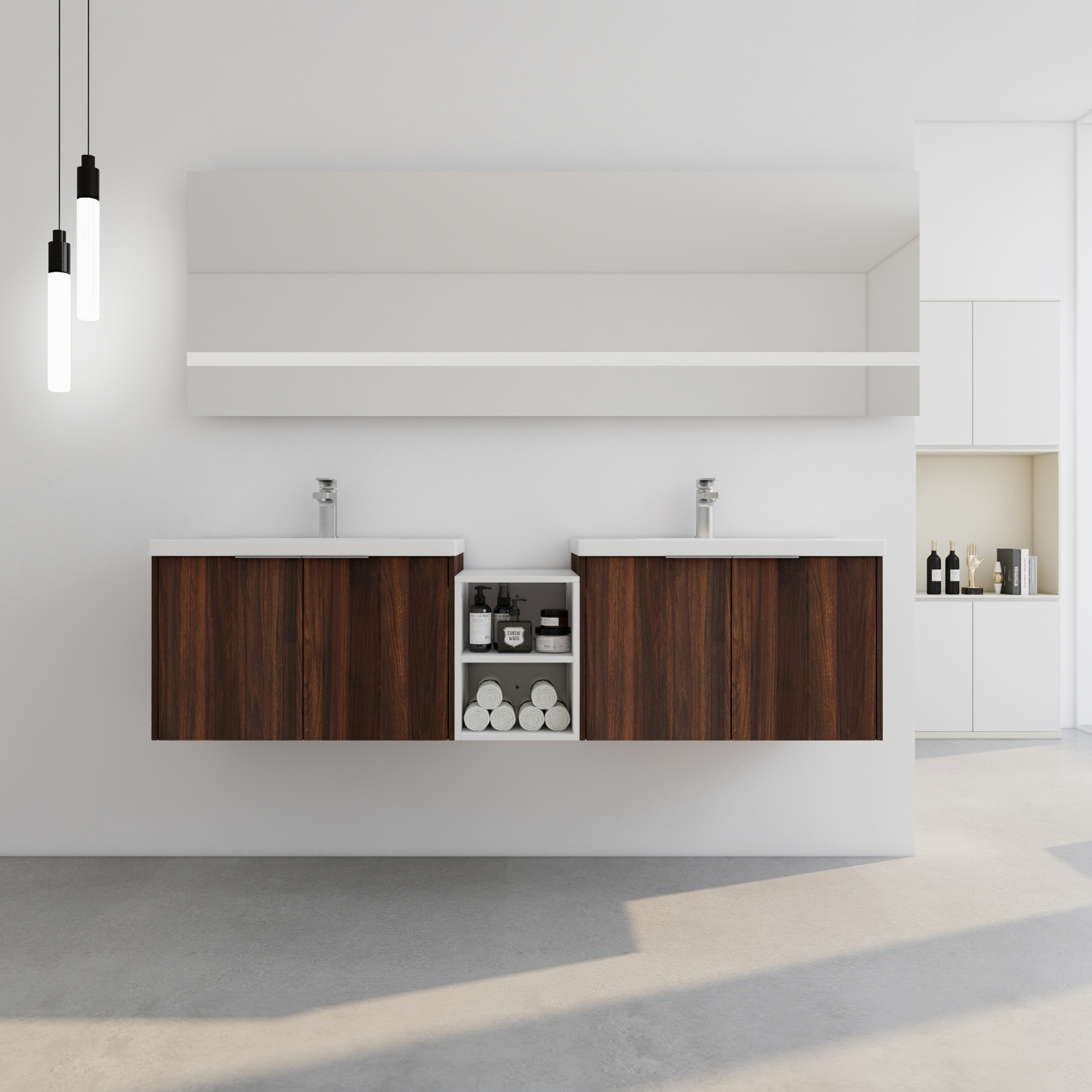 2X 30″ Bathroom Vanity Cabinet With Resin Sink +12″ Small Storage Shelves Walnut
