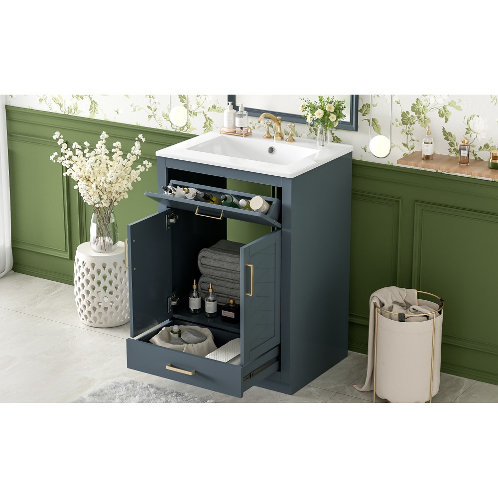 24in Bathroom Vanity Integrated Ceramic Sink 2 Doors 1 Tip-out Drawe