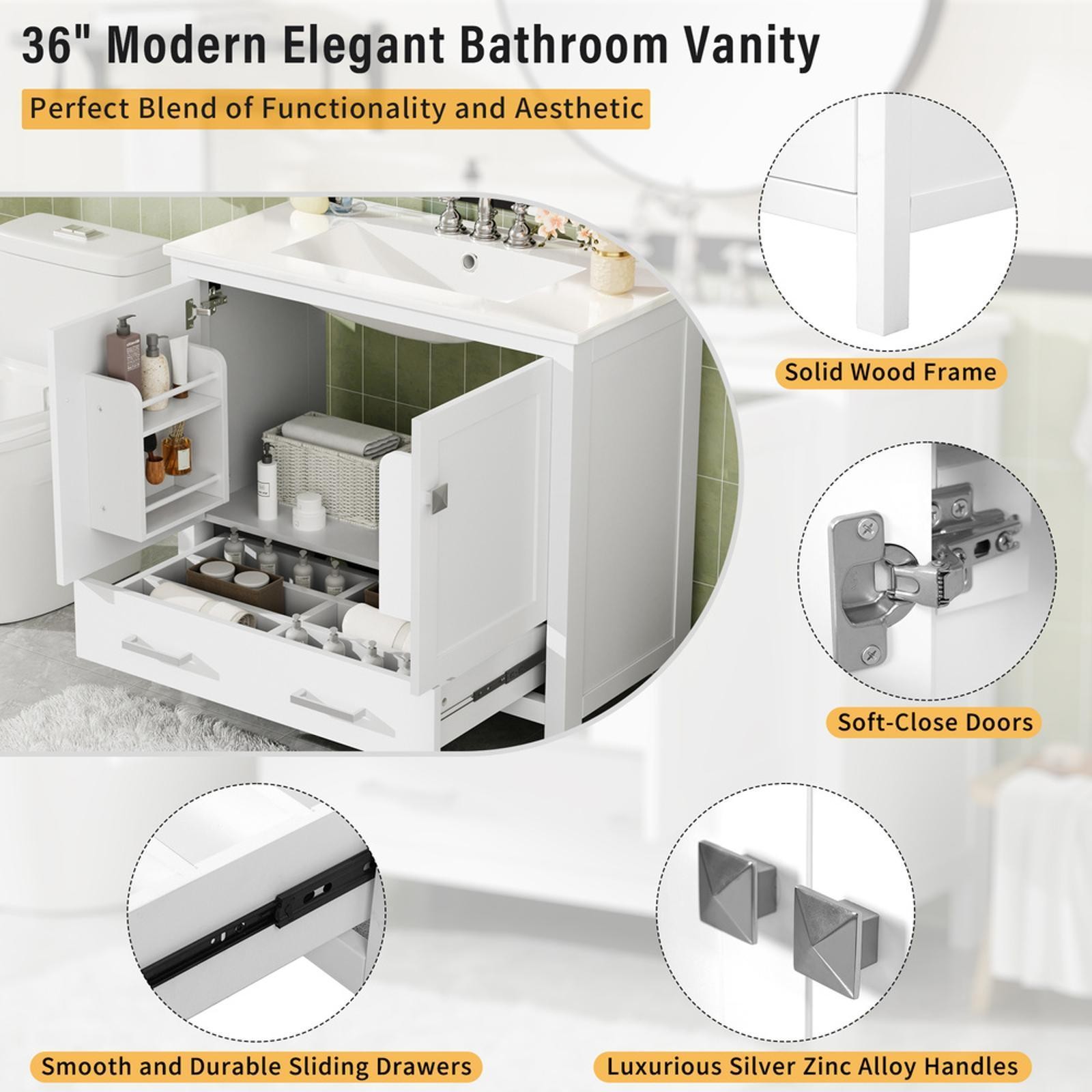 36-Inch Bathroom Vanity with Soft-Close Doors, Overflow-Protected Ceramic Sink &