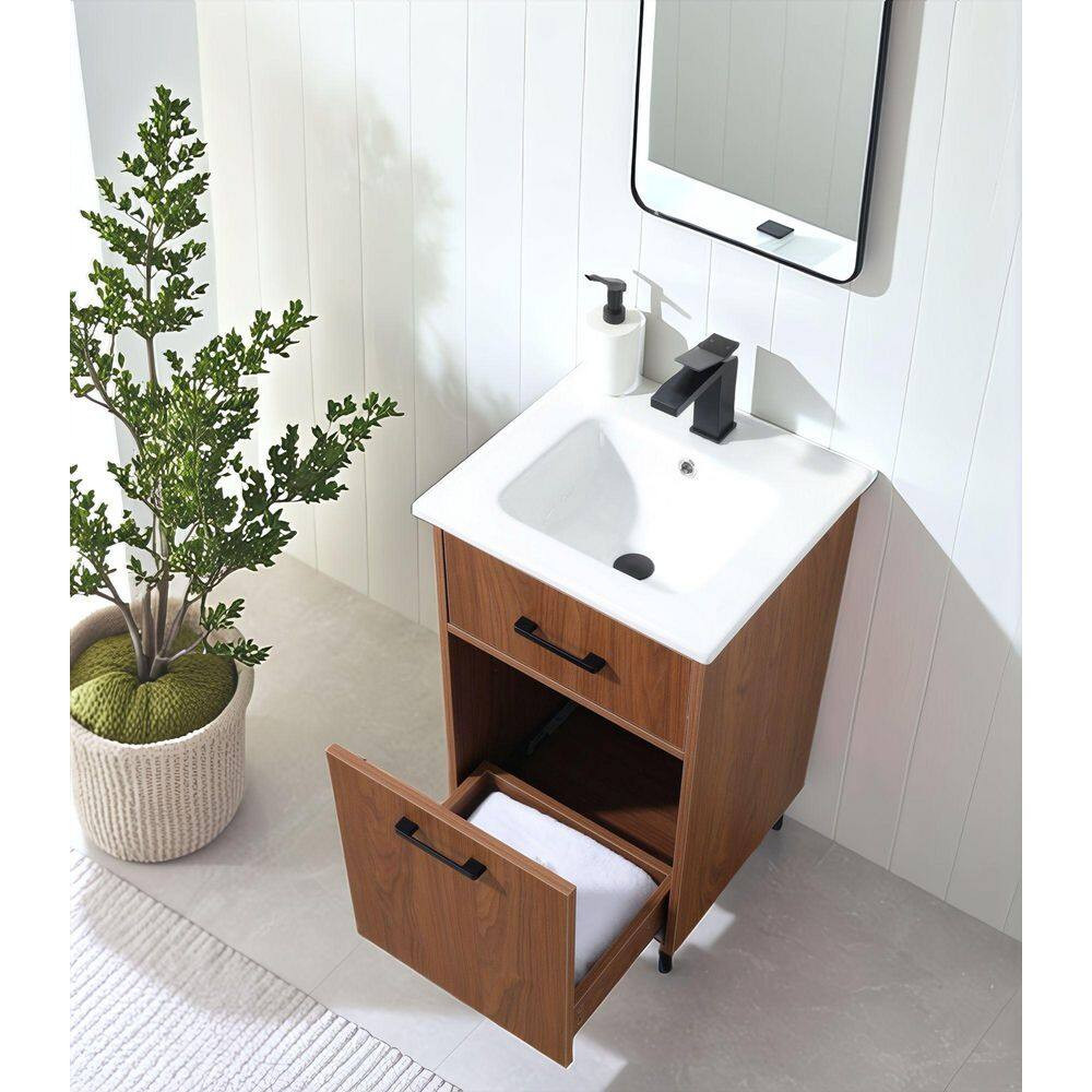 18 In. W X 17 In. D X 34 In. H Modern Brown Bath Vanity with Single White Cerami