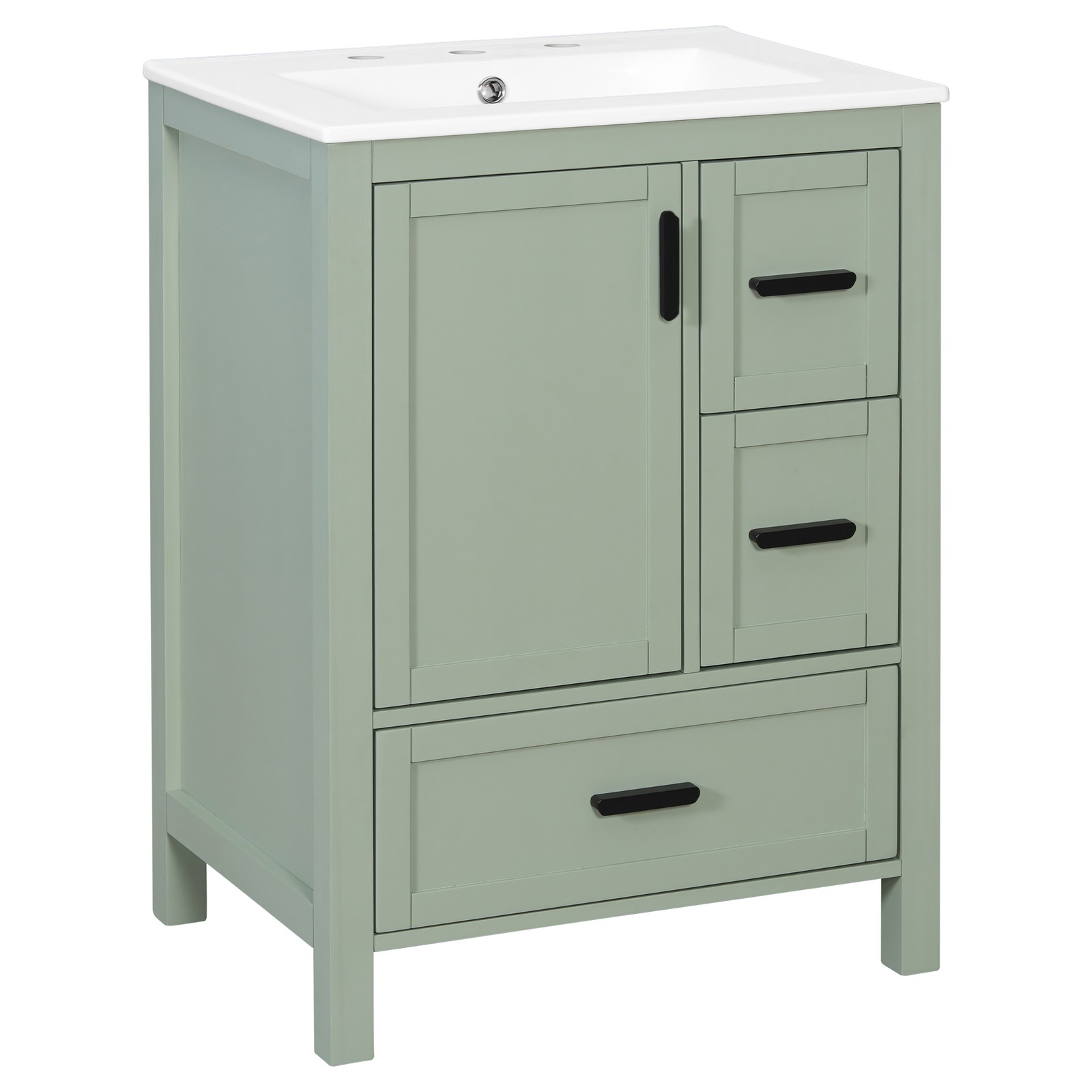24″ Bathroom Vanity w/Ceramic Sink Modern Freestanding Vanity Cabinet w/3 Doors