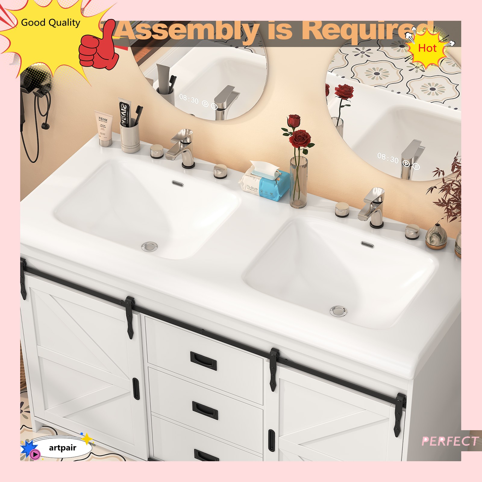 Large Vanity Cabinet Double Bathroom Top Ceramic Sink Countertop without Faucet