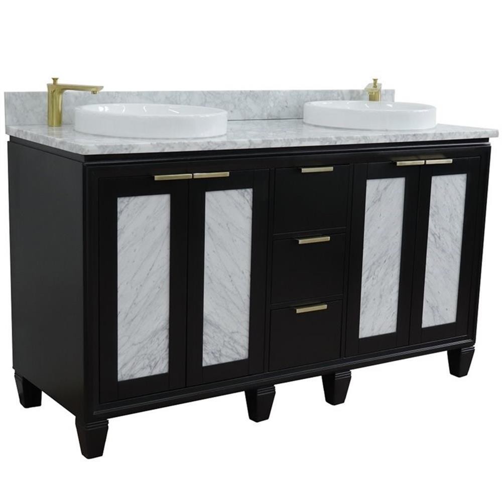 Pemberly Row 61″ Double Round Sink Solid Wood Vanity in Blue/White Carrara
