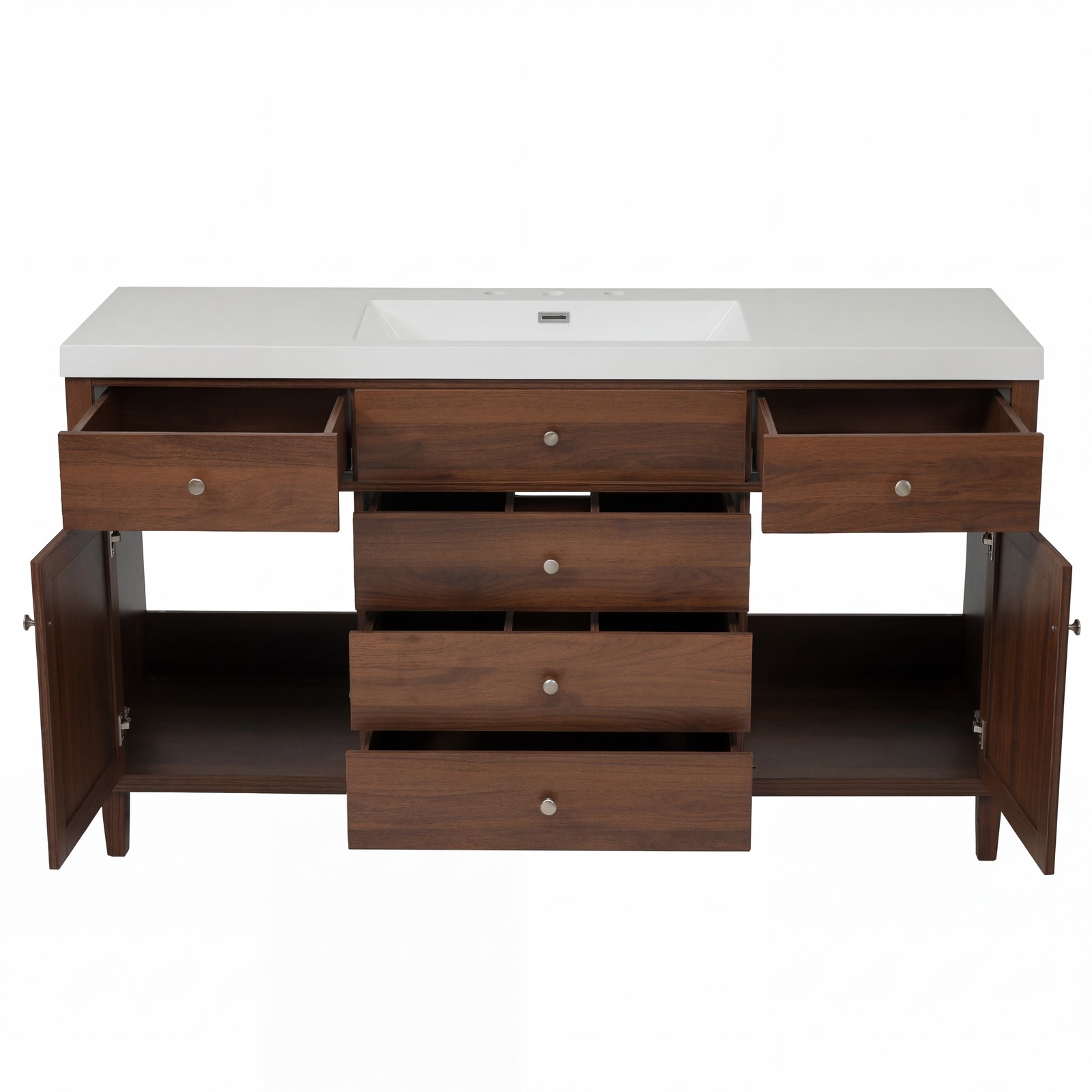 60″ Bathroom Vanity with SMC Sink, Brown, Soft Close Drawers & Rattan Doors