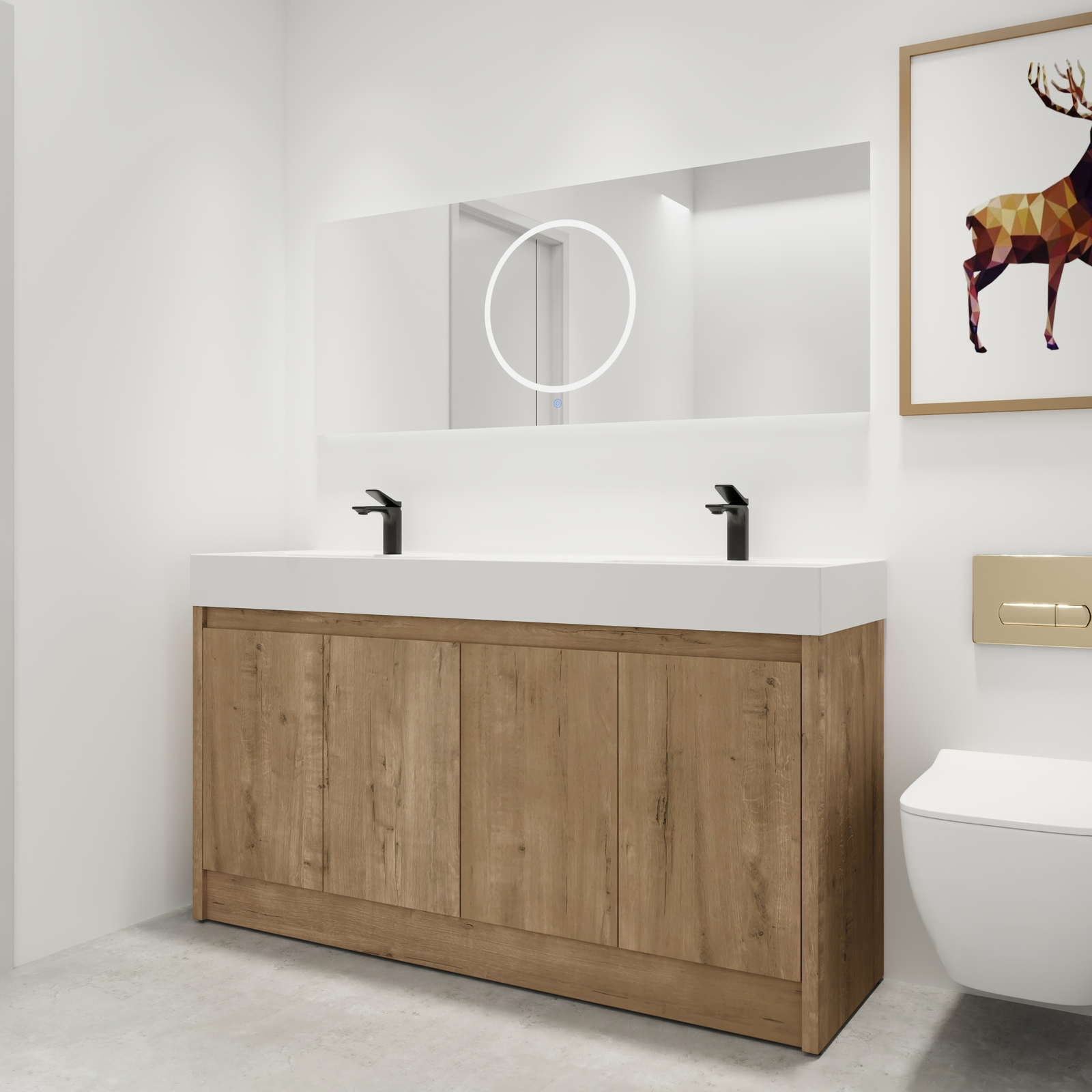 60 inch Freestanding Bathroom Vanity Cabinet Storage W/Dual Basin Sink +4 Doors