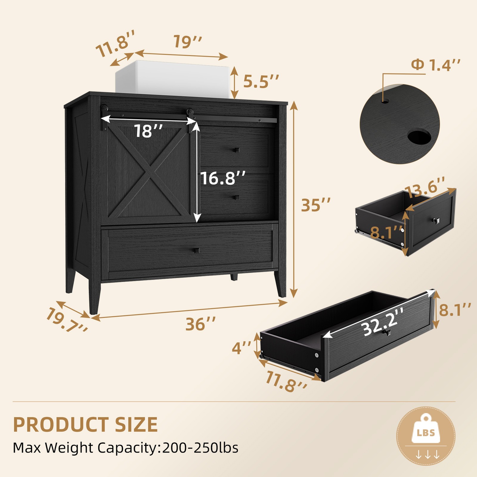 36 Inch Bathroom Vanity Cabinet With Ceramic Sink Sliding Barn Door Freestanding
