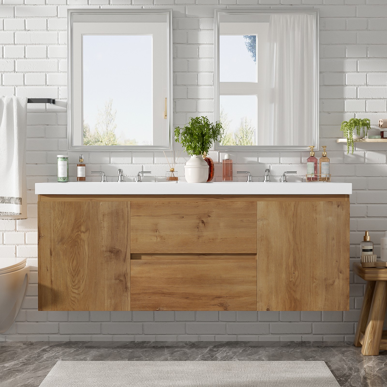 59.3″ Wall-Mounted Double Sink Bathroom Vanity with SMC Top, MDF Cabinet Wood