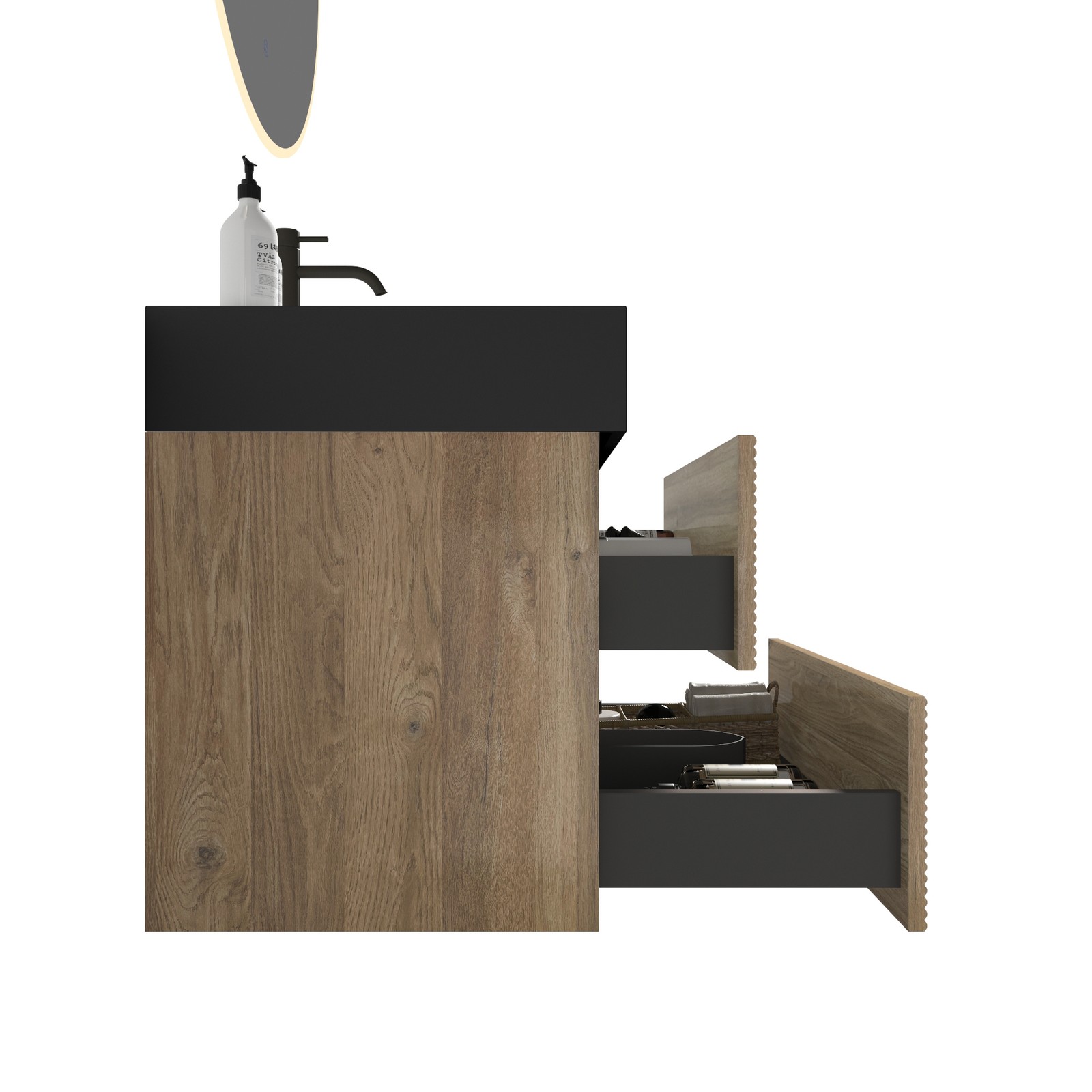 30″ Rough Oak Wall Mounted Bathroom Vanity with Black Sink & Drawers