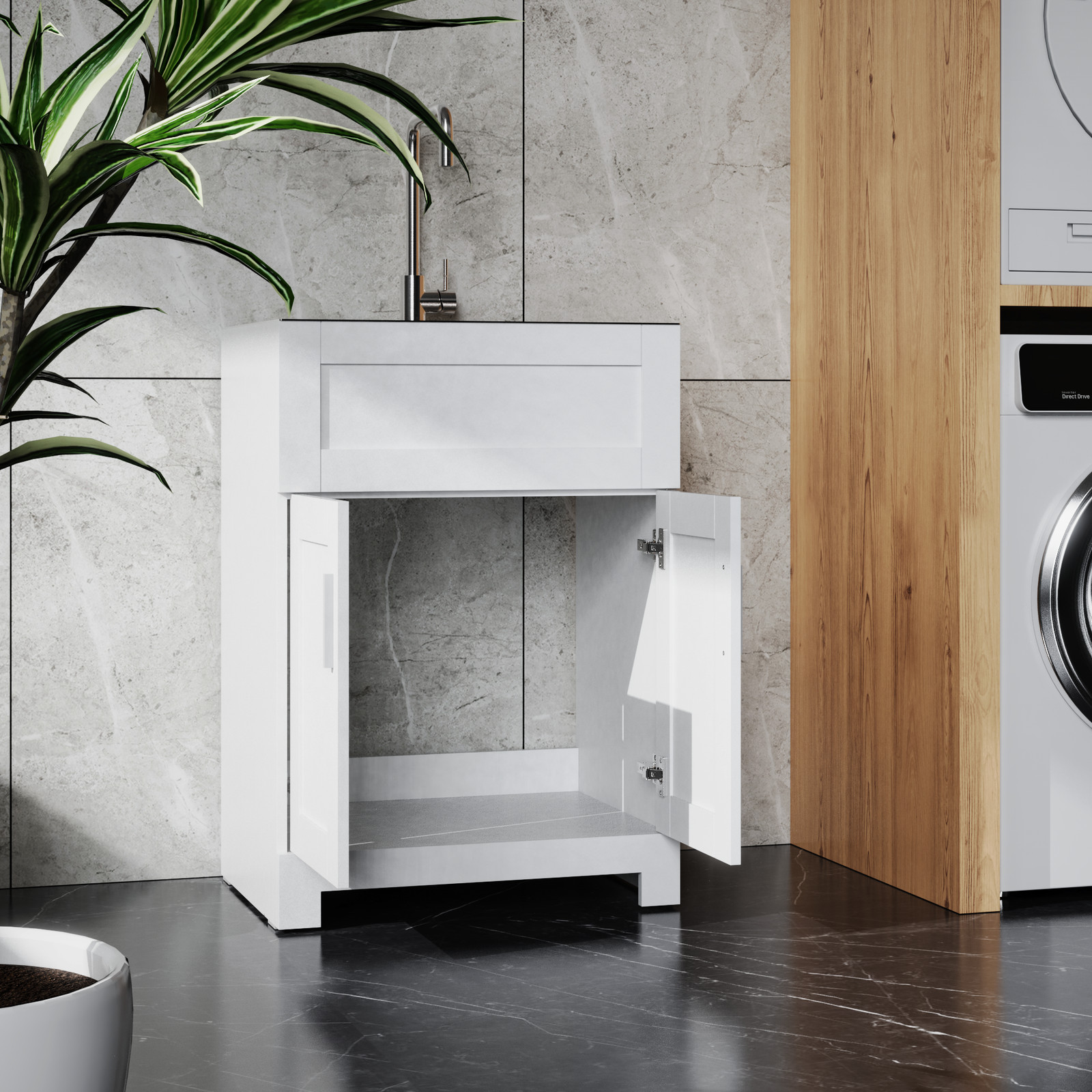 24″ White Laundry Tub Cabinet w/ Stainless Steel Sink & Faucet