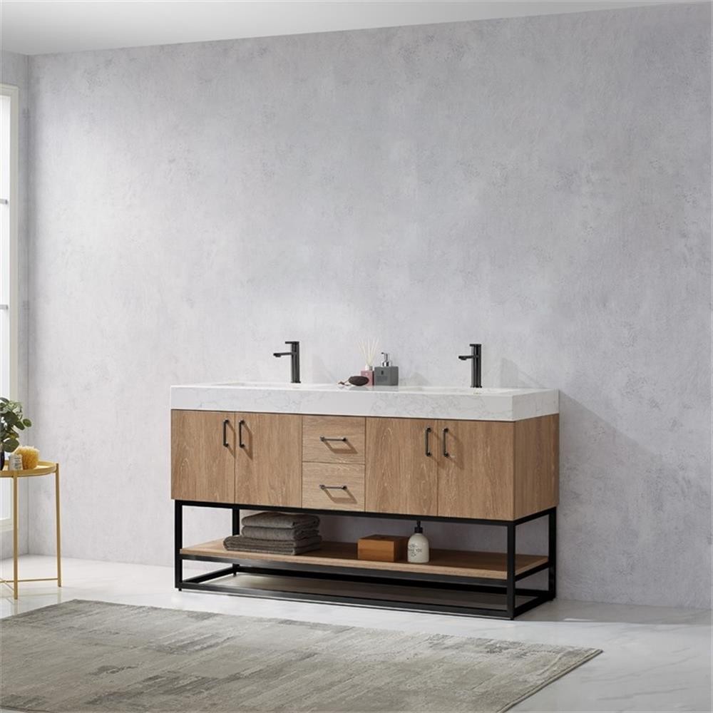Pemberly Row 60″ White Stone Top Oak Double Vanity Black Frame w/o Mirror