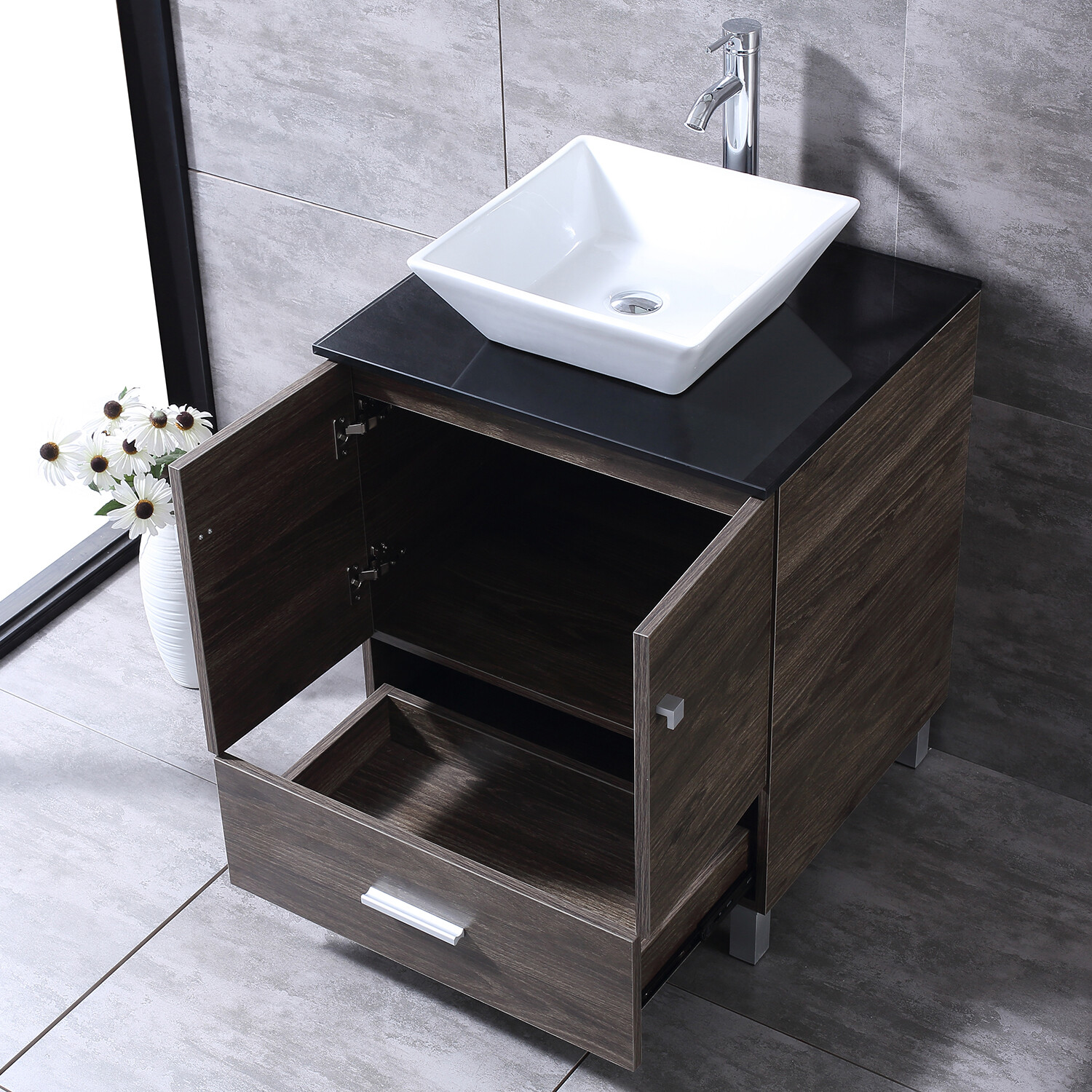 24″Bathroom Vanity Wood Cabinet White Ceramic Sink Bowl Basin Brown Mirror Combo