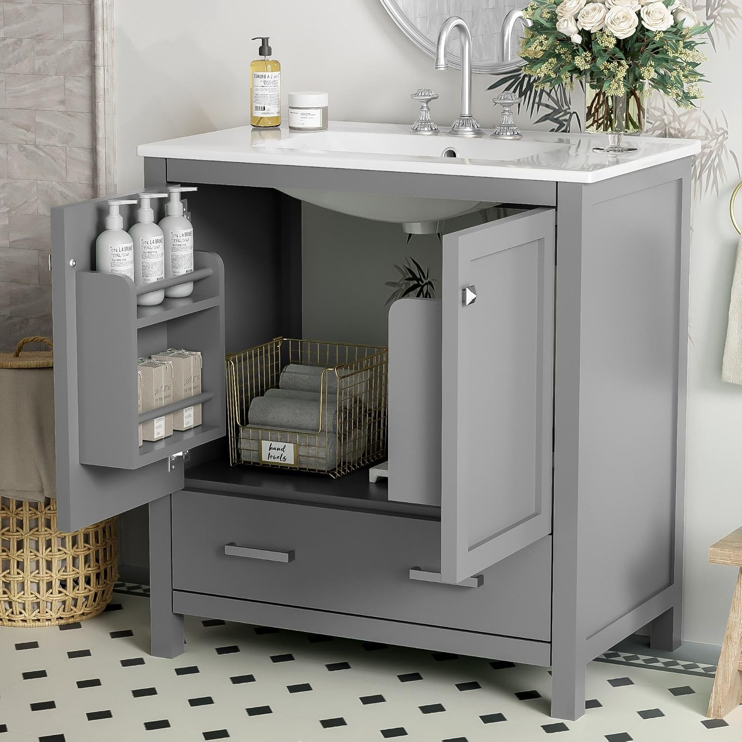 30″ Green Bathroom Vanity Sink Combo with Soft Close & Ceramic Top