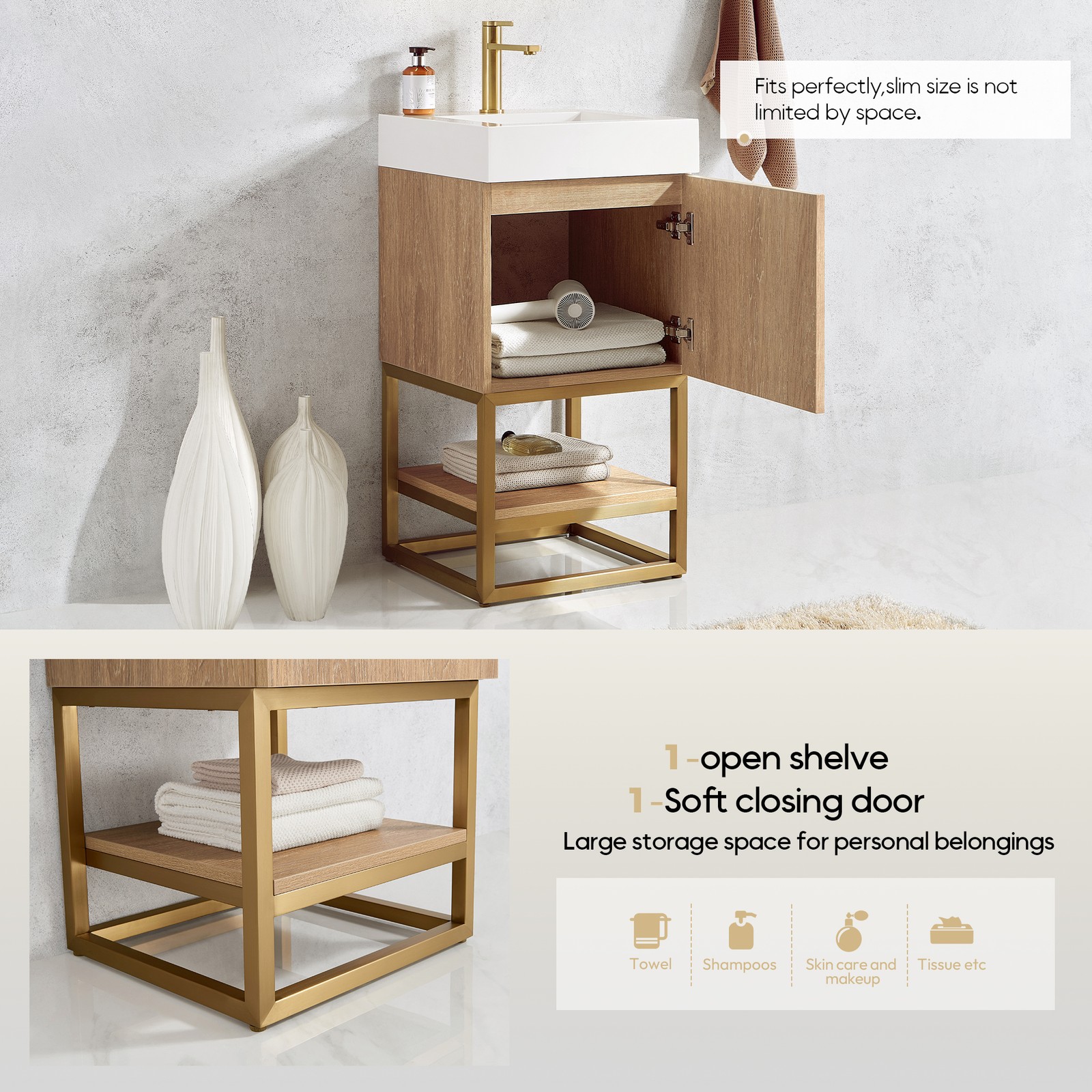 Vinnova Alistair 18″ White Stone Top Single Vanity in Oak without Mirror