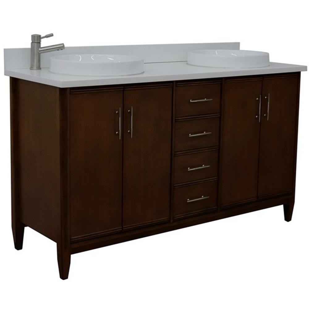 Pemberly Row 61″ Double Round Sink Vanity with White Quartz Stone in Walnut