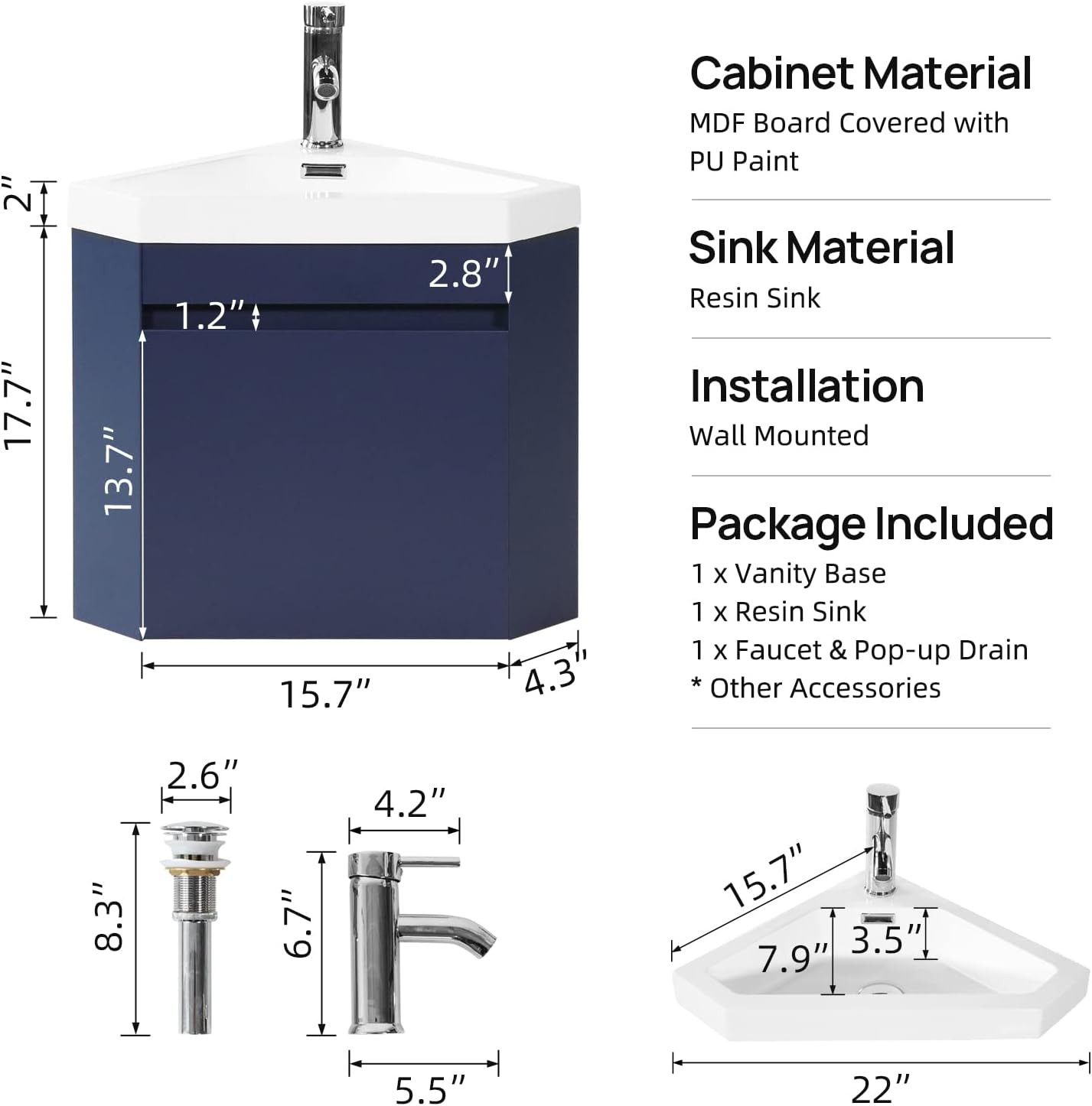 Navy 16″ Corner Bathroom Vanity Sink Combo with Chrome Faucet & Drain