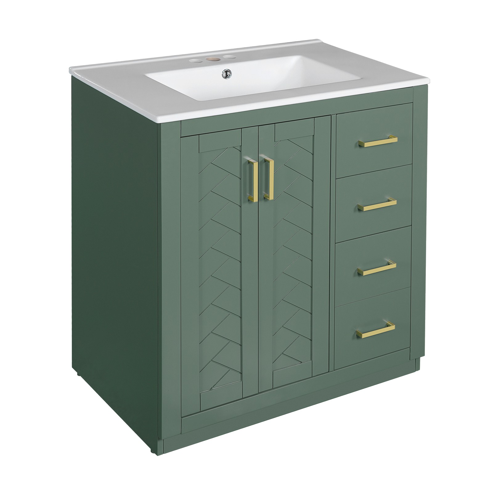 30″ Bathroom Vanity with Ceramic Sink, Solid Wood Frame, 3 Drawers