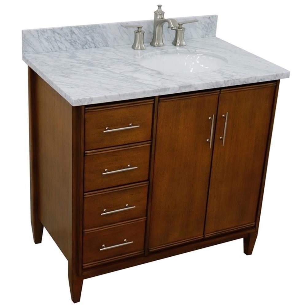 MCM Solid Wood Single Vanity with Right Oval Sink in Walnut/White Carrara