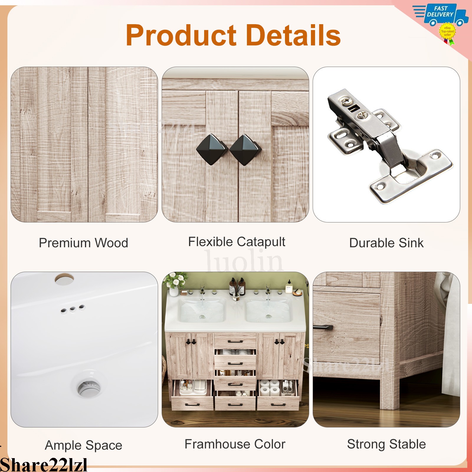 47inch Bathroom Vanity Retro Bathroom Storage Cabinet with Ceramic Sink Wooden
