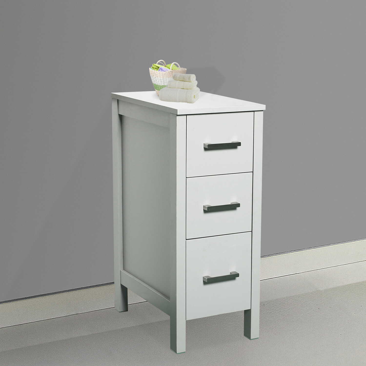 12″ Small Bathroom Vanity Beside Cabinet 3 Drawers Shelf Modern MDF Wood Gray