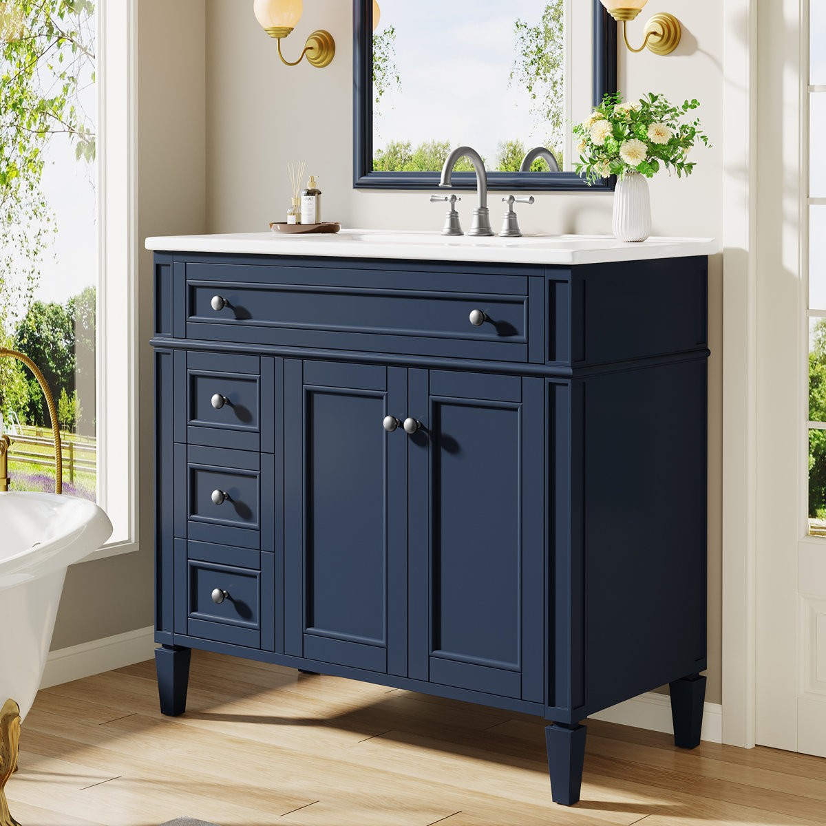 36inch Modern Bathroom Sink Cabinet with 4 Drawers & 2 Doors Bath Storage Vanity