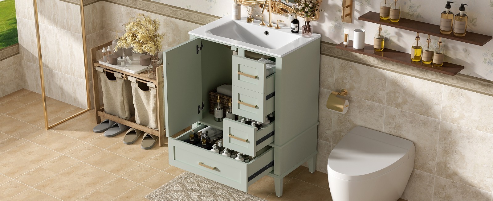 24.8″ Bathroom Vanity with Ceramic Sink,Freestanding Storage Cabinet w/Drawers