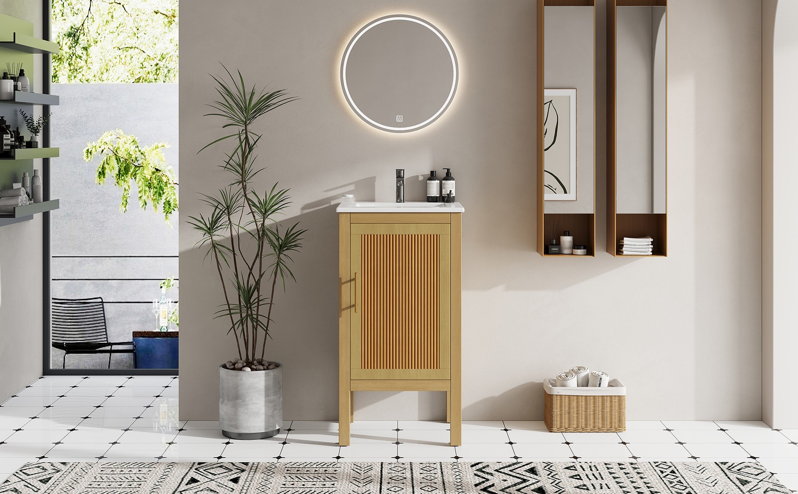 18″ Bathroom Vanity Cabinet with Ceramic Sink, Natural Wood