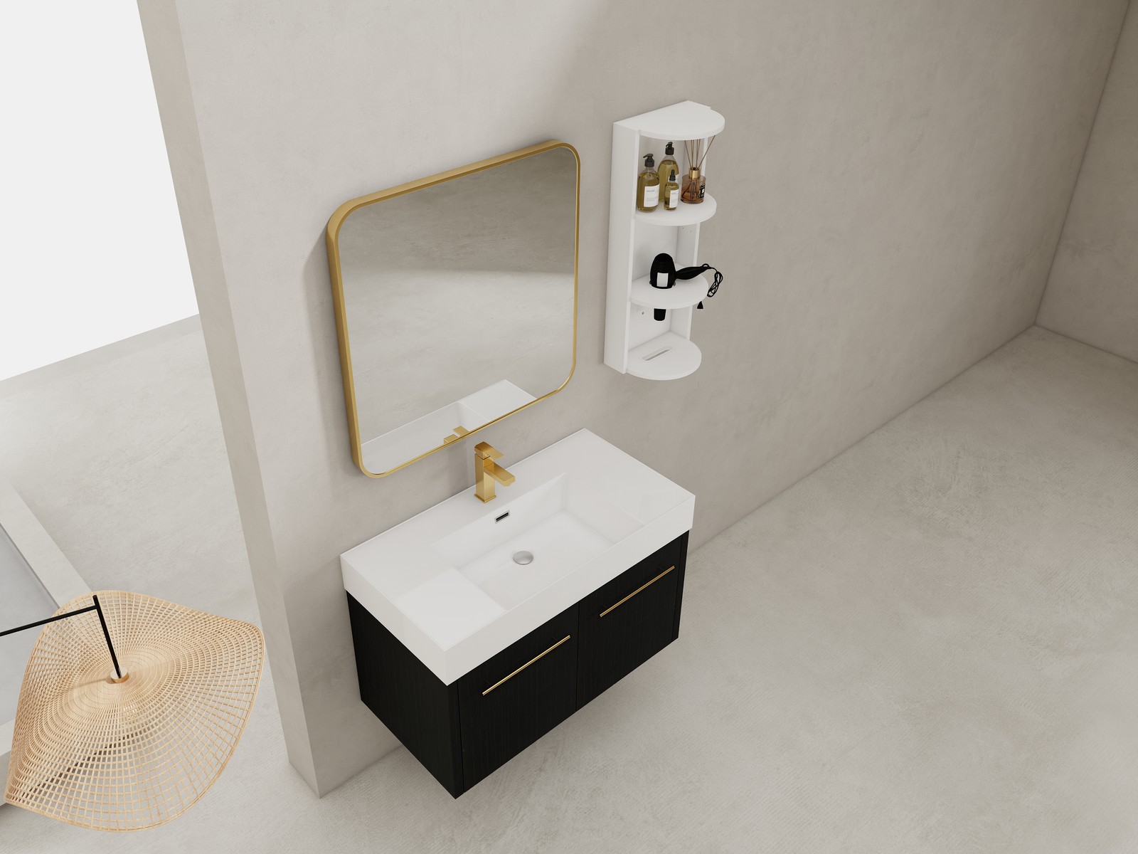 36 Inch Plywood Wall-Mounted Bathroom Vanity with Resin Sink + Side Storage Rack