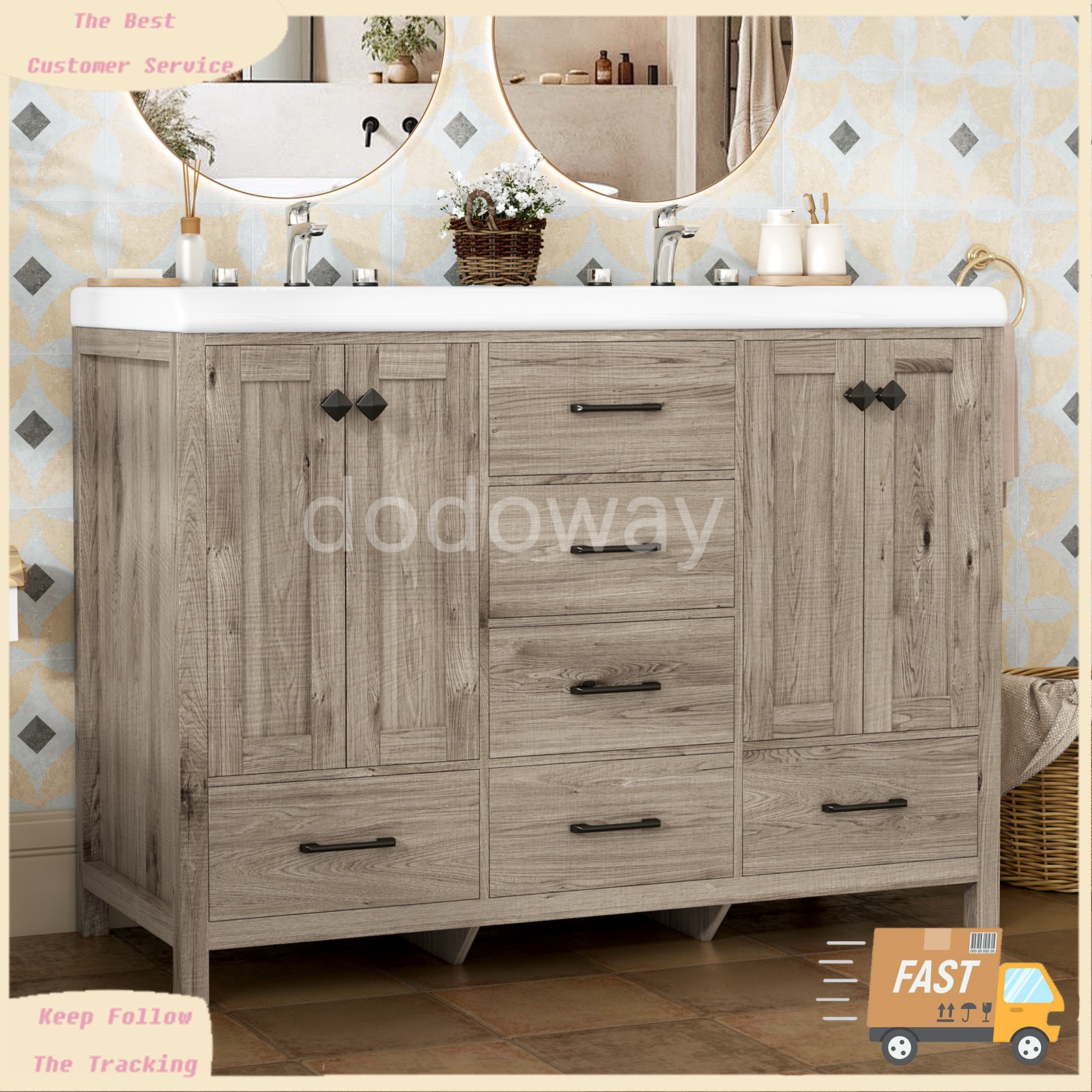 47″ Bathroom Vanity with Ceramic Sink Freestanding Storage Cabinet w/ 6 Drawers