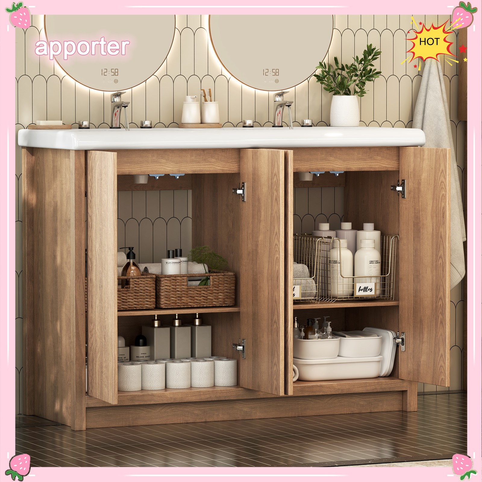 47.3″ Double Sink Bathroom Vanity Wood Grain Modern 2 Basin Storage Cabinet NEW