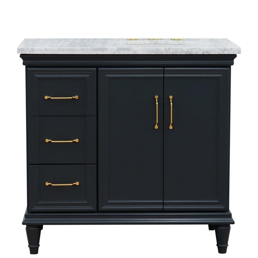 37 in. Single Wooden Vanity Dark Gray White Carrara Oval Right Door.Right Sink