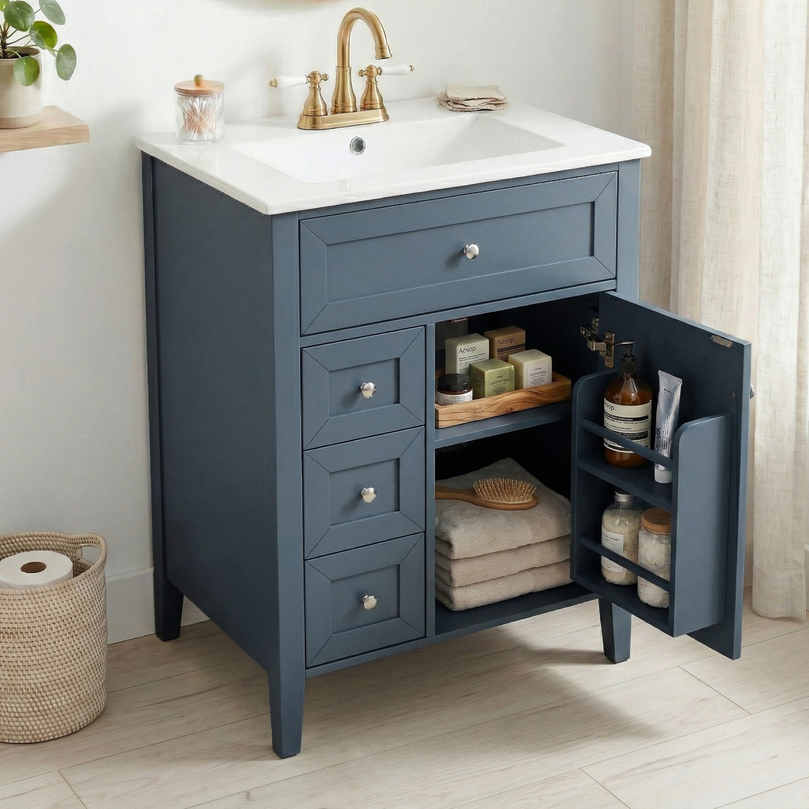 24″ Blue Gray Bathroom Vanity with Ceramic Sink & Soft-Close Drawers