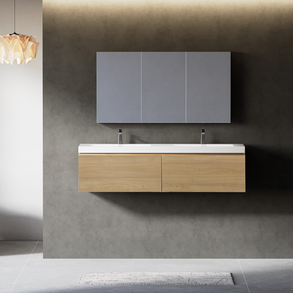 60 Floating Vanity with Sink, Soft Close Drawers, Oak Finish, Assembled