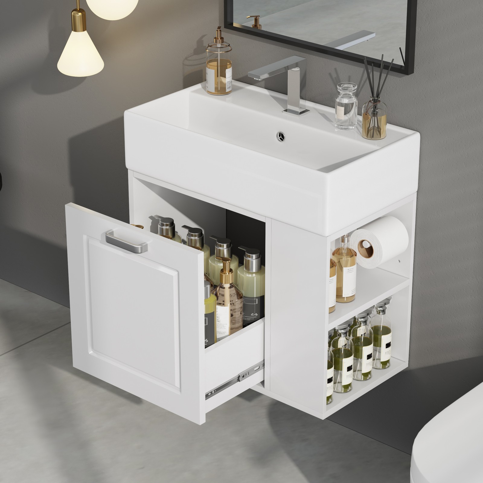 21.8″ Bathroom Vanity w/Ceramic Sink Wall Mounted Storage Cabinet w/Drawer